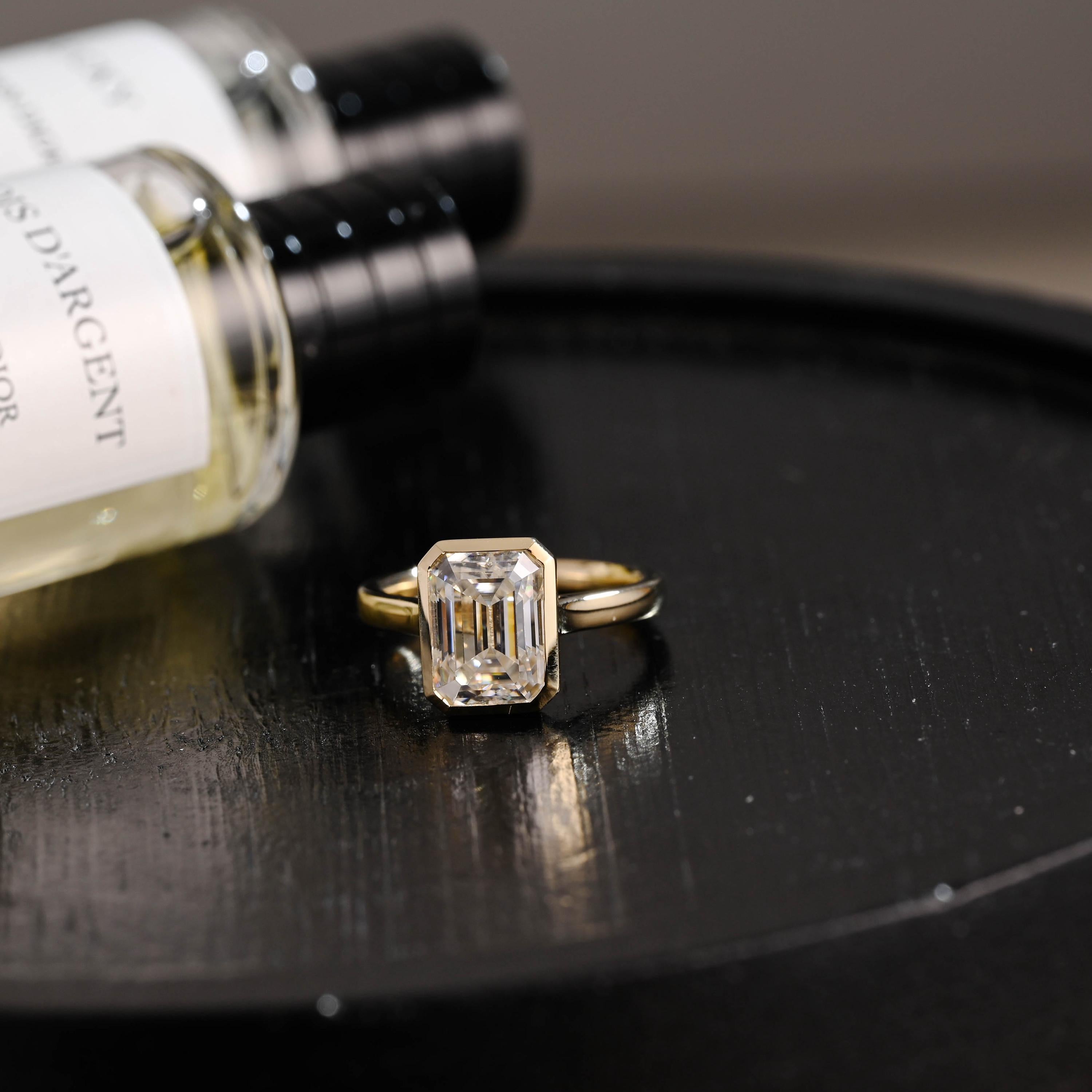 Solid Gold Bezel Emerald Cut Moissanite Engagement Ring, Solitaire Cathedral Setting Anniversary Ring for Women