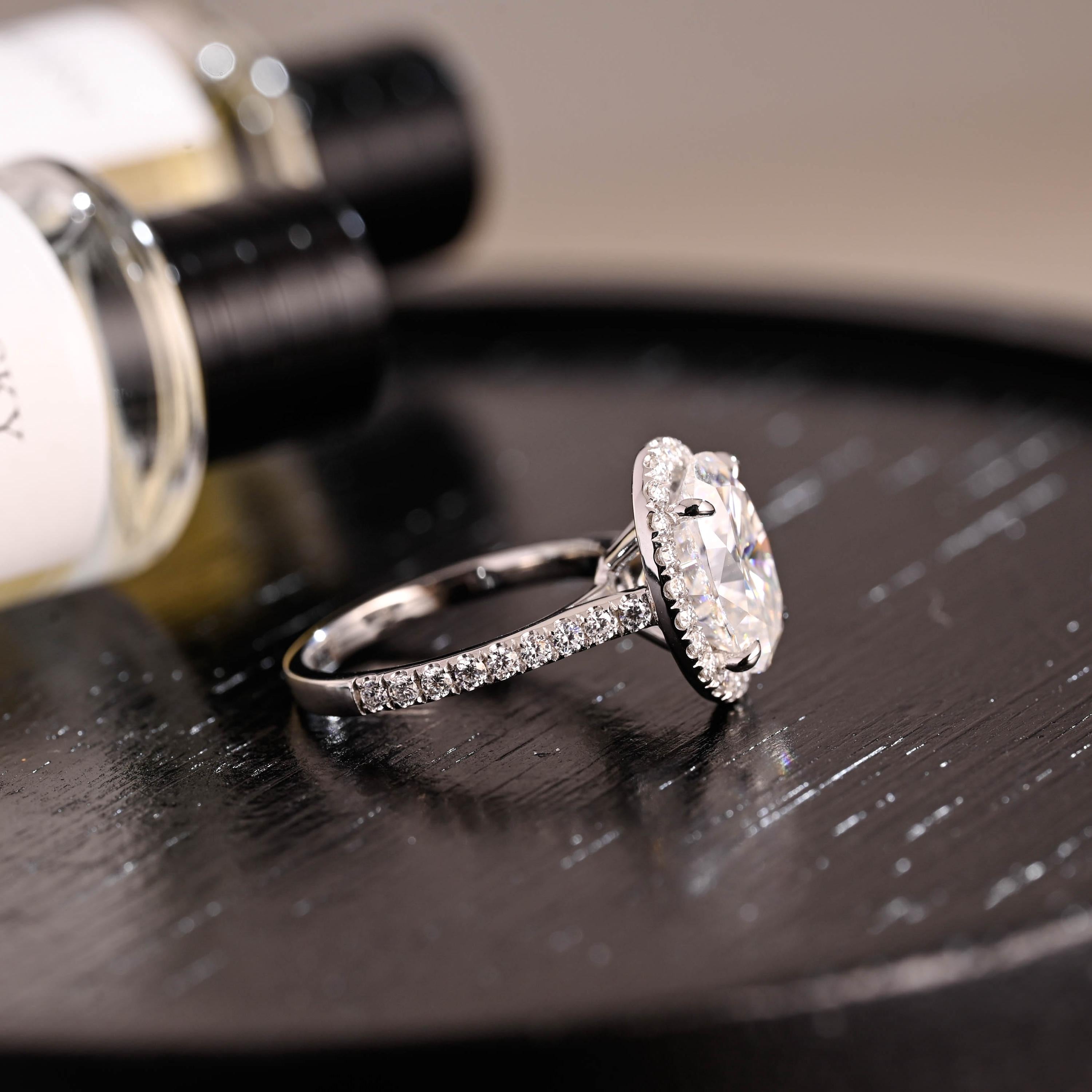 Solid Gold Halo Oval Cut Moissanite Engagement Ring, Half Pave Wedding Ring