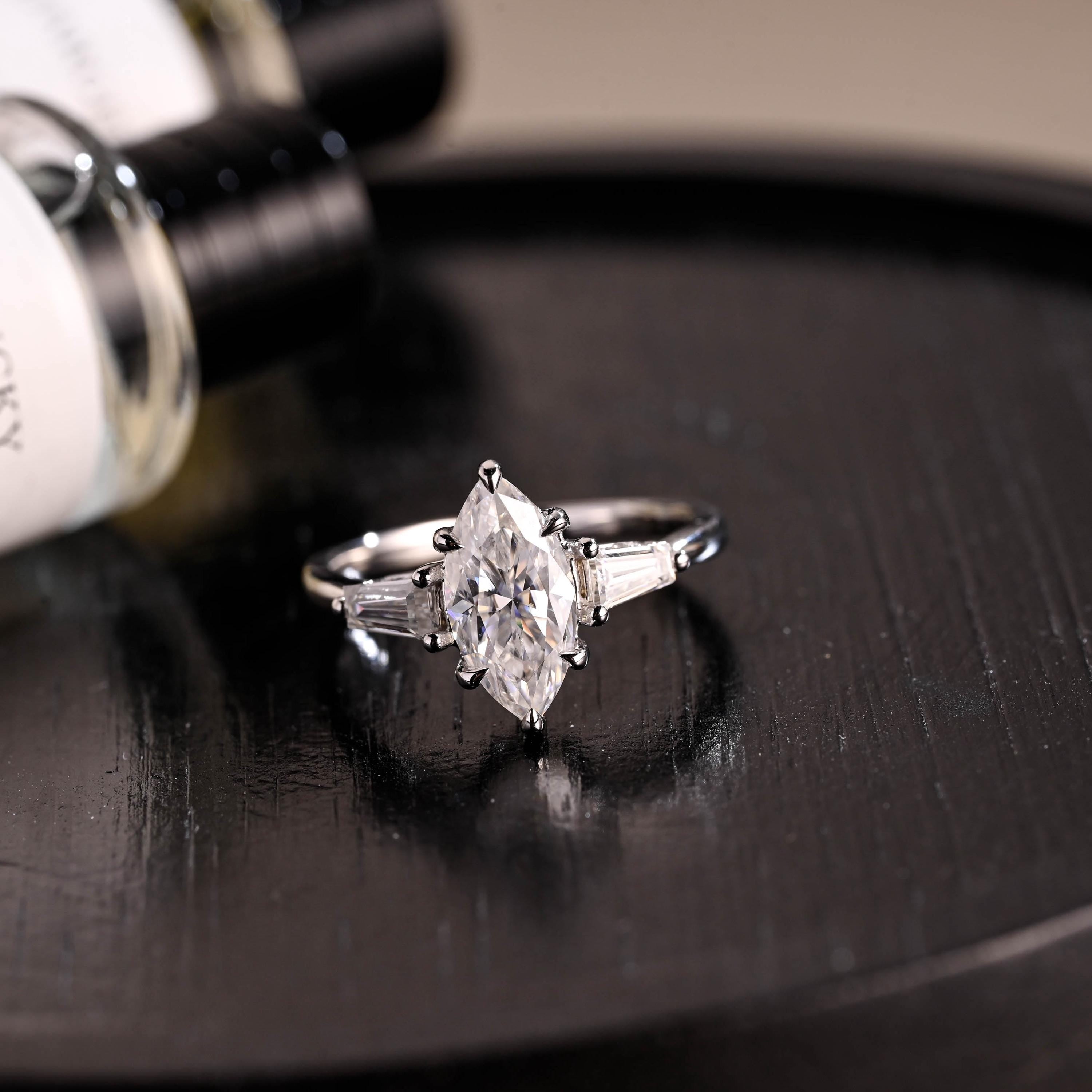 Hidden Halo Marquise Moissanite Solid Gold Engagement Ring, Three Stone Statement Ring