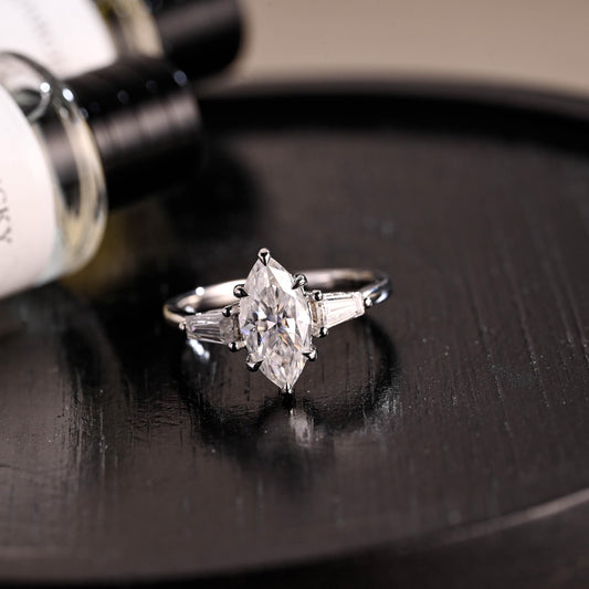 Hidden Halo Marquise Moissanite Solid Gold Engagement Ring, Three Stone Statement Ring