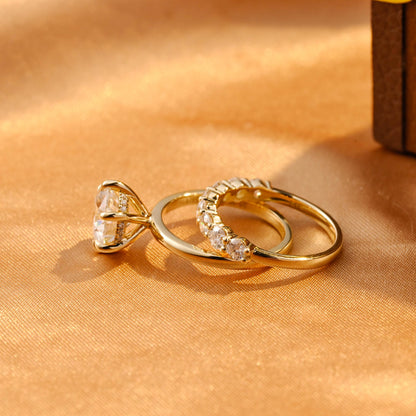 Solid Gold Hidden Halo Round Cut Moissanite Engagement Ring Set, Half Eternity Ring Bridal Set