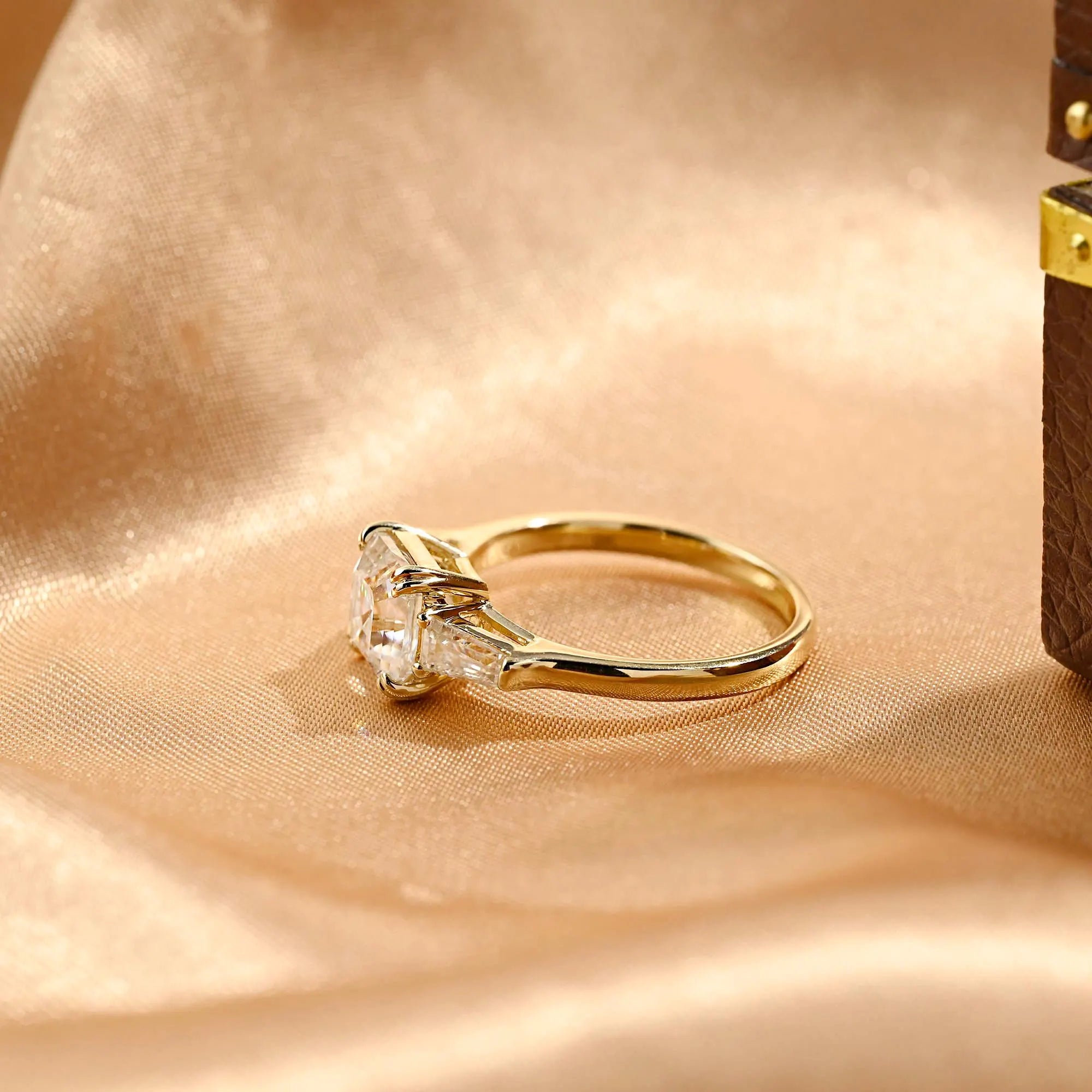 Solid Gold Asscher Moissanite Engagement Ring, Three Stone Wedding Ring