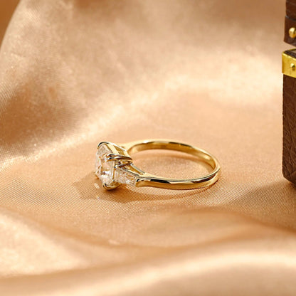 Solid Gold Asscher Moissanite Engagement Ring, Three Stone Wedding Ring