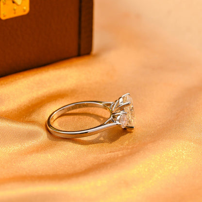 Solid Gold Cathedral Setting Oval Cut Moissanite Engagement Ring, Three Stone Wedding Ring