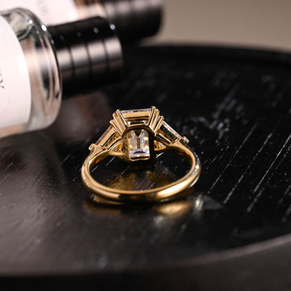 Three Stone Emerald Cut Moissanite Engagement Ring, Solid Gold Emerald Cut Moissanite Wedding Ring, Anniversary Ring, Double Claws Prong