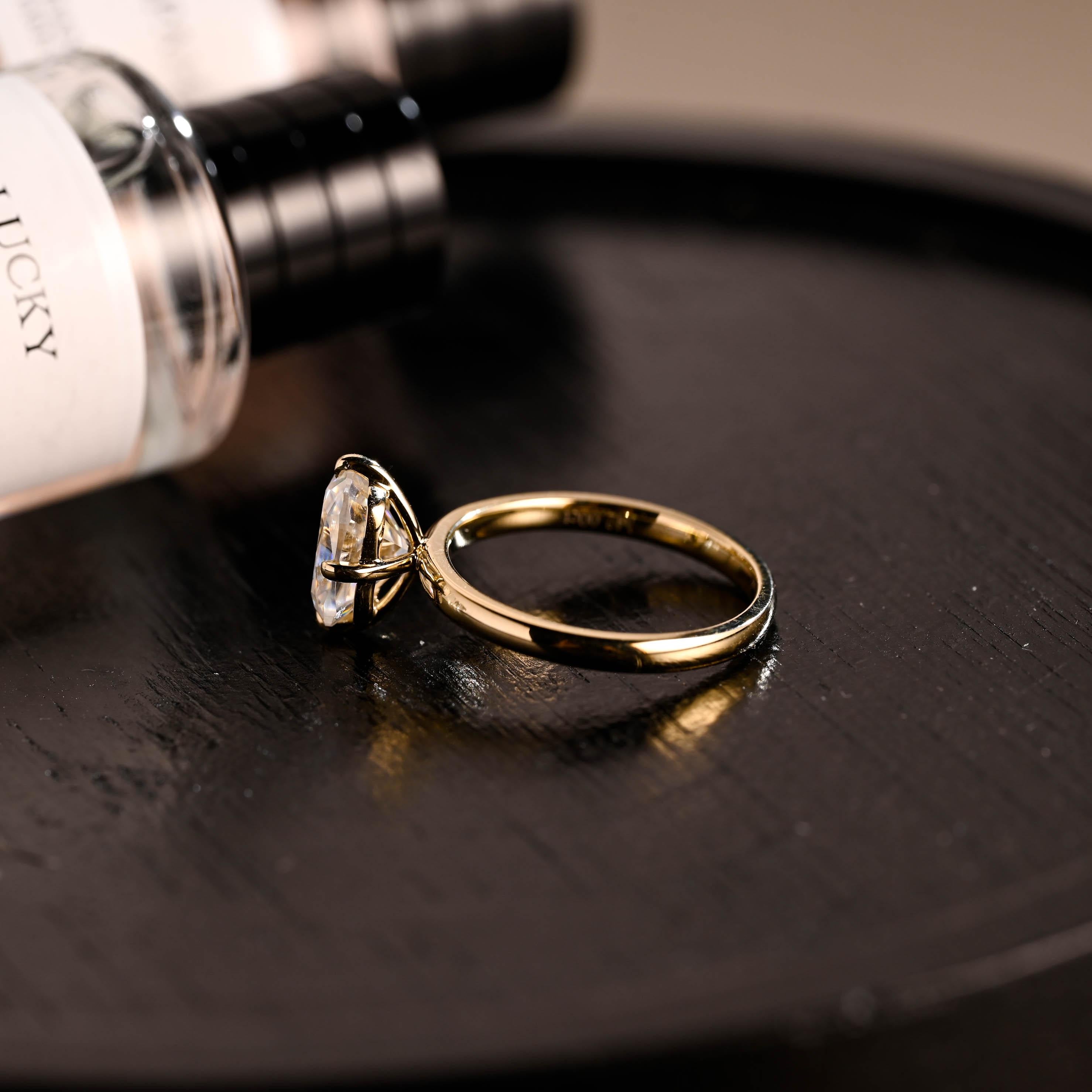 Solid Gold Elongated Cushion Moissanite Engagement Ring, Solitaire Compass Setting Moissanite Wedding Ring
