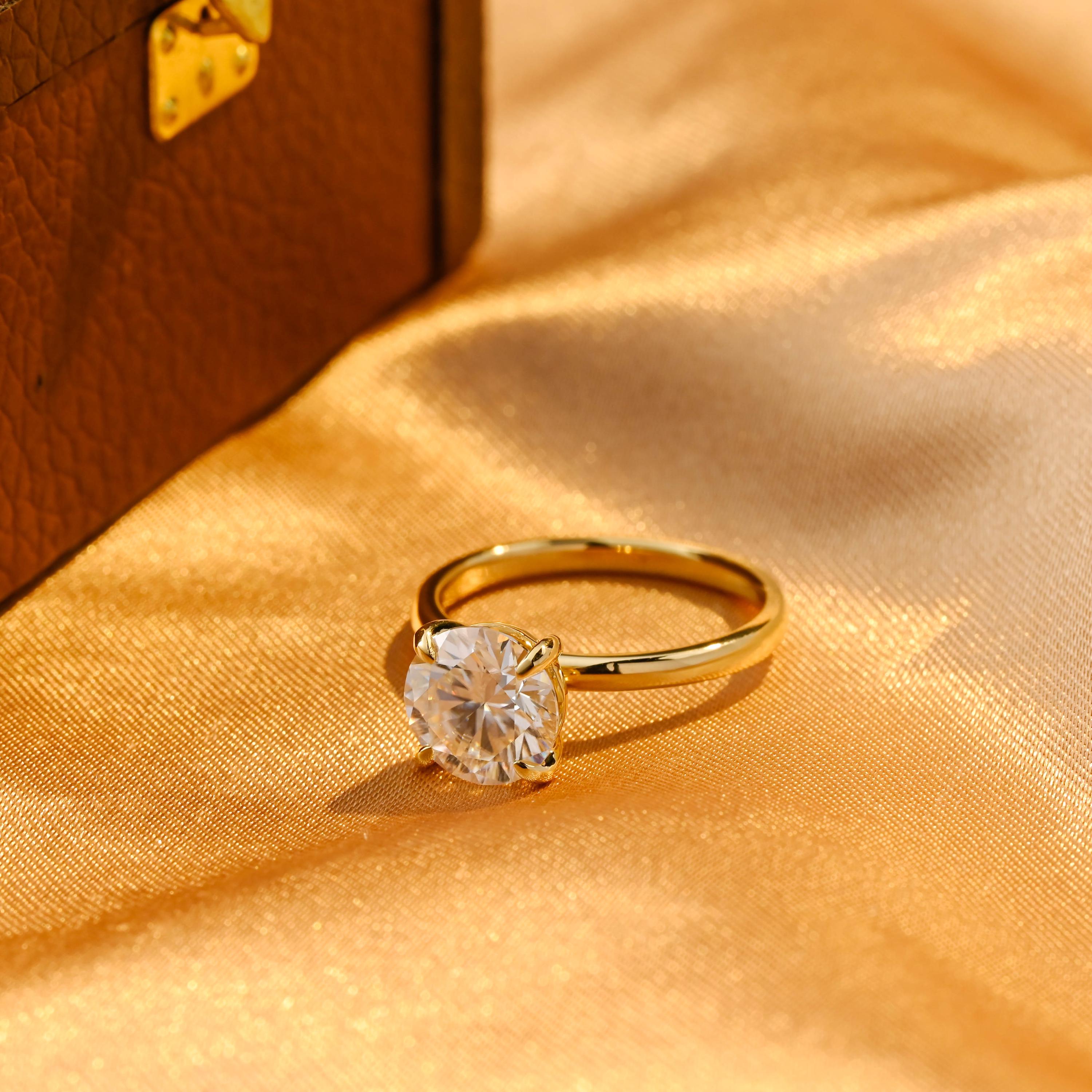 Solid Gold Solitaire Round Cut Moissanite Engagement Ring, Wedding Ring 4 Prongs