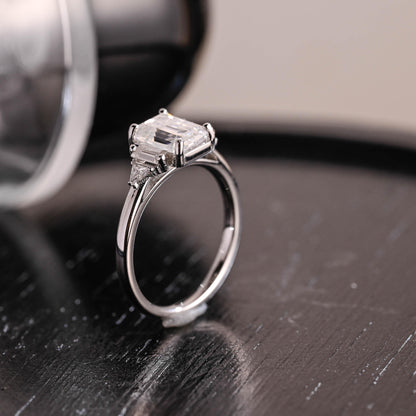 Three Stone Emerald Cut Moissanite Engagement Ring, Solid Gold Emerald Cut Moissanite Wedding Ring, Anniversary Ring, Moissanite Gifts