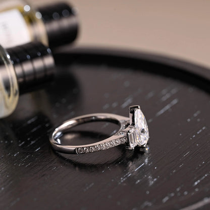 Three Stone Pear Cut Moissanite Engagement Ring, Bridge Setting Solid Gold Pave Moissanite Wedding Ring