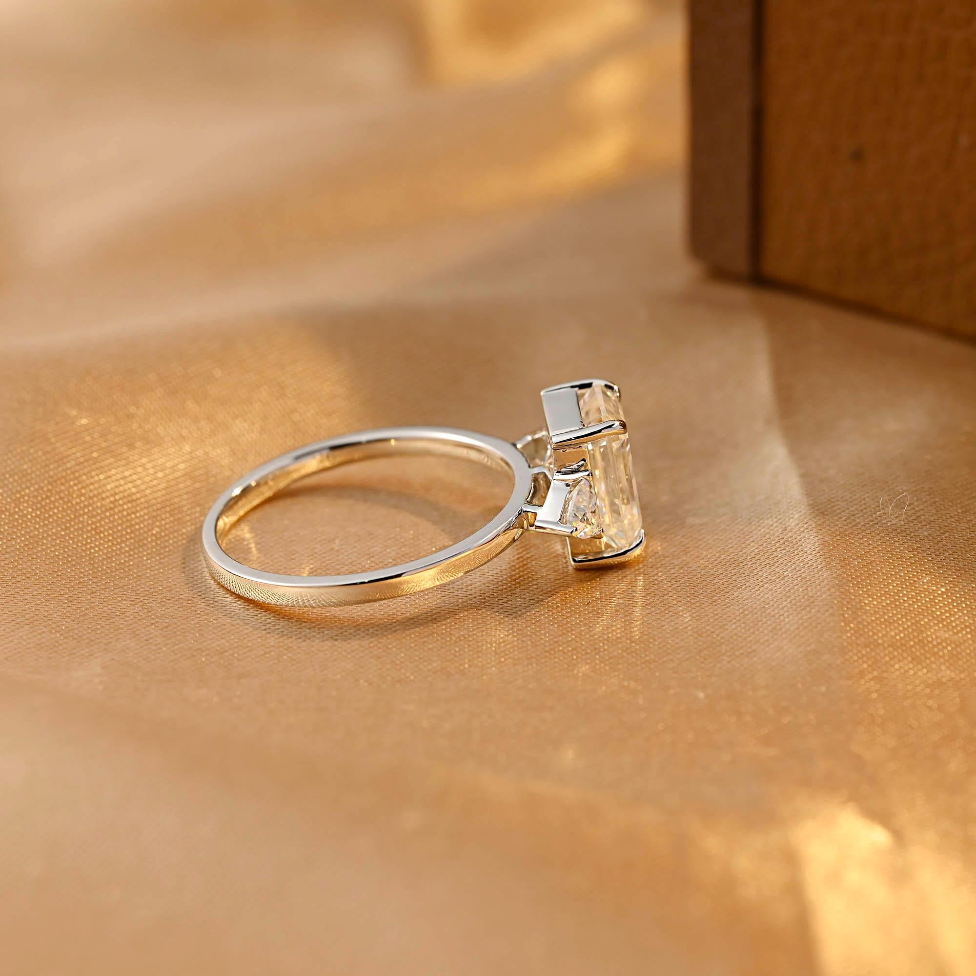 Three Stone Emerald Cut Moissanite Engagement Ring, Solid Gold Emerald Cut Moissanite Wedding Ring, Anniversary Ring, Moissanite Gifts