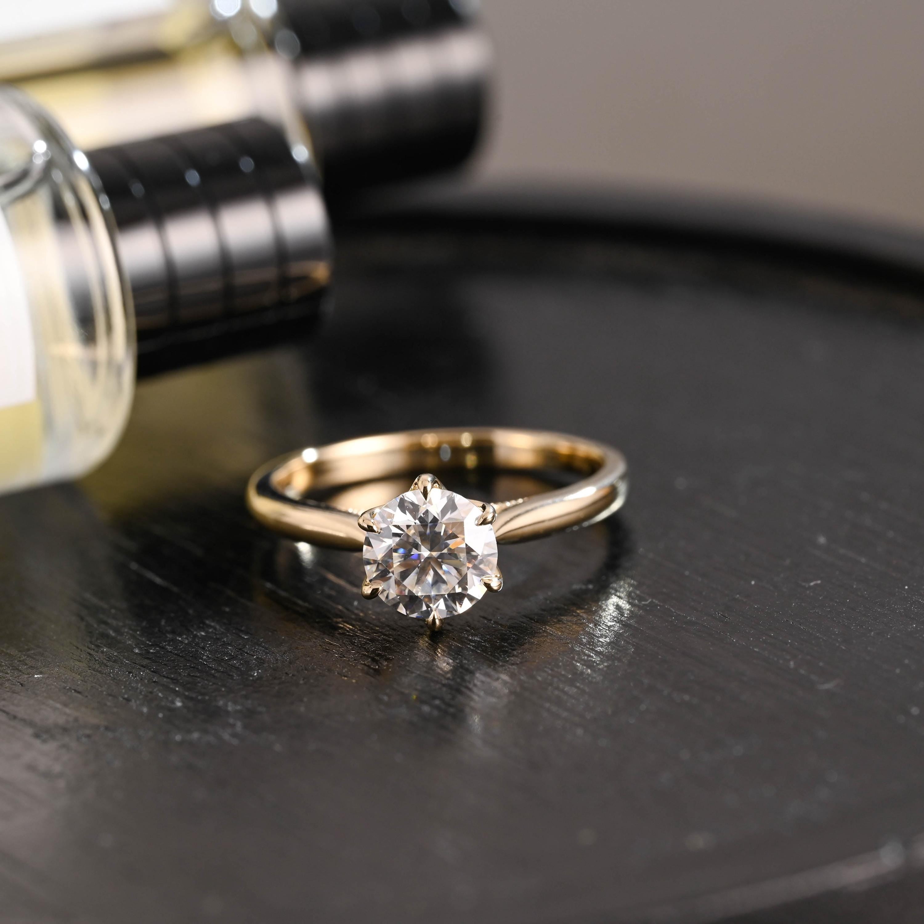 Tulip Solid Gold Round Cut Moissanite Engagement Ring, Bridge Accented with stones Proposal Ring