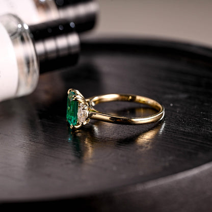 Lab Grown Emerald Engagement Ring, Three Stone Moissanite Wedding Ring, Anniversary Emerald Gemstone Ring, Moissanite Ring, Marquise Ring