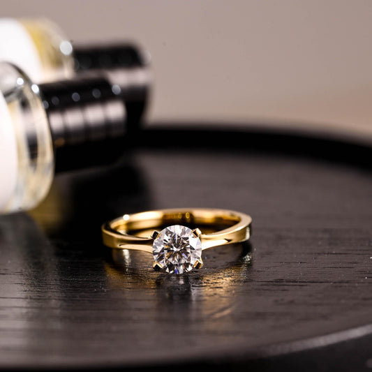 Low Setting Solid Gold Round Cut Moissanite Engagement Ring, Round Cut Moissanite Anniversary Ring