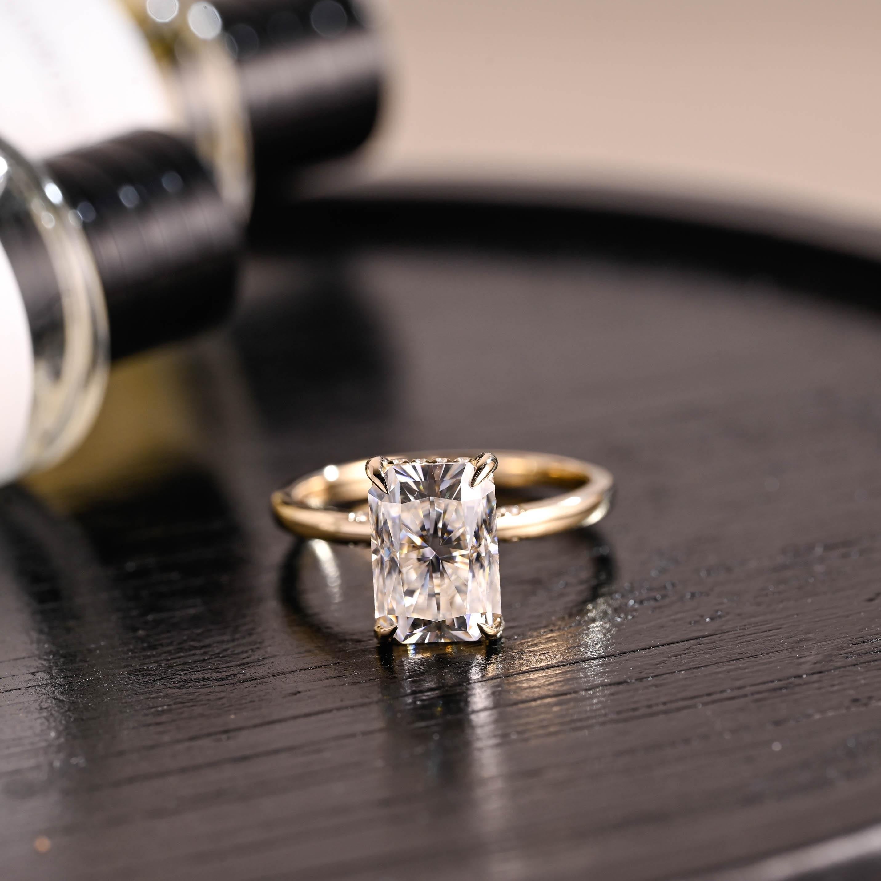Solid Gold Hidden Halo Radiant Cut Moissanite Engagement Ring, Anniversary Ring for Her