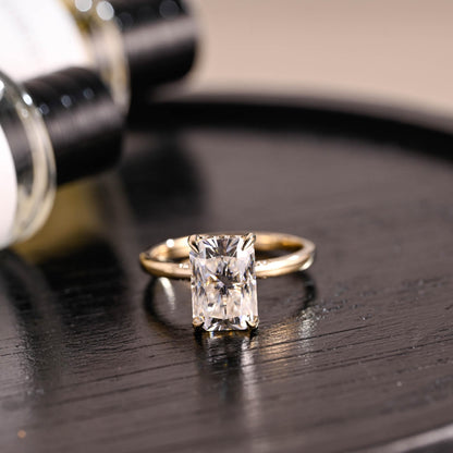 Solid Gold Hidden Halo Radiant Cut Moissanite Engagement Ring, Anniversary Ring for Her