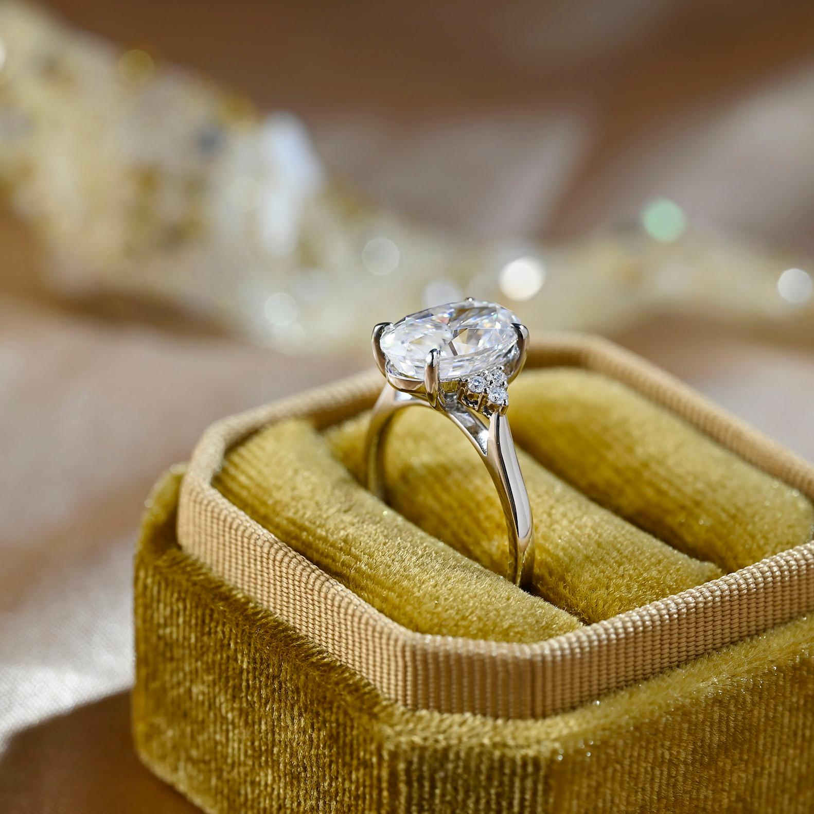 Solid Gold Cathedral Setting Oval Cut Moissanite Engagement Ring, Side Cluster Wedding Ring