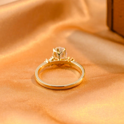Solid Gold Tulip Setting Oval Cut Moissanite Engagement Ring, Side Cluster Wedding Ring