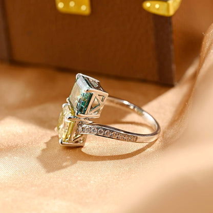 Solid Gold Toi et Moi Green & Yellow Asscher Moissanite Engagement Ring, Two Stone Anniversary Ring