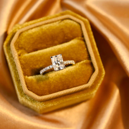 Solid Gold Radiant Cut Moissanite Engagement Ring, Hidden Halo Pave Wedding Ring