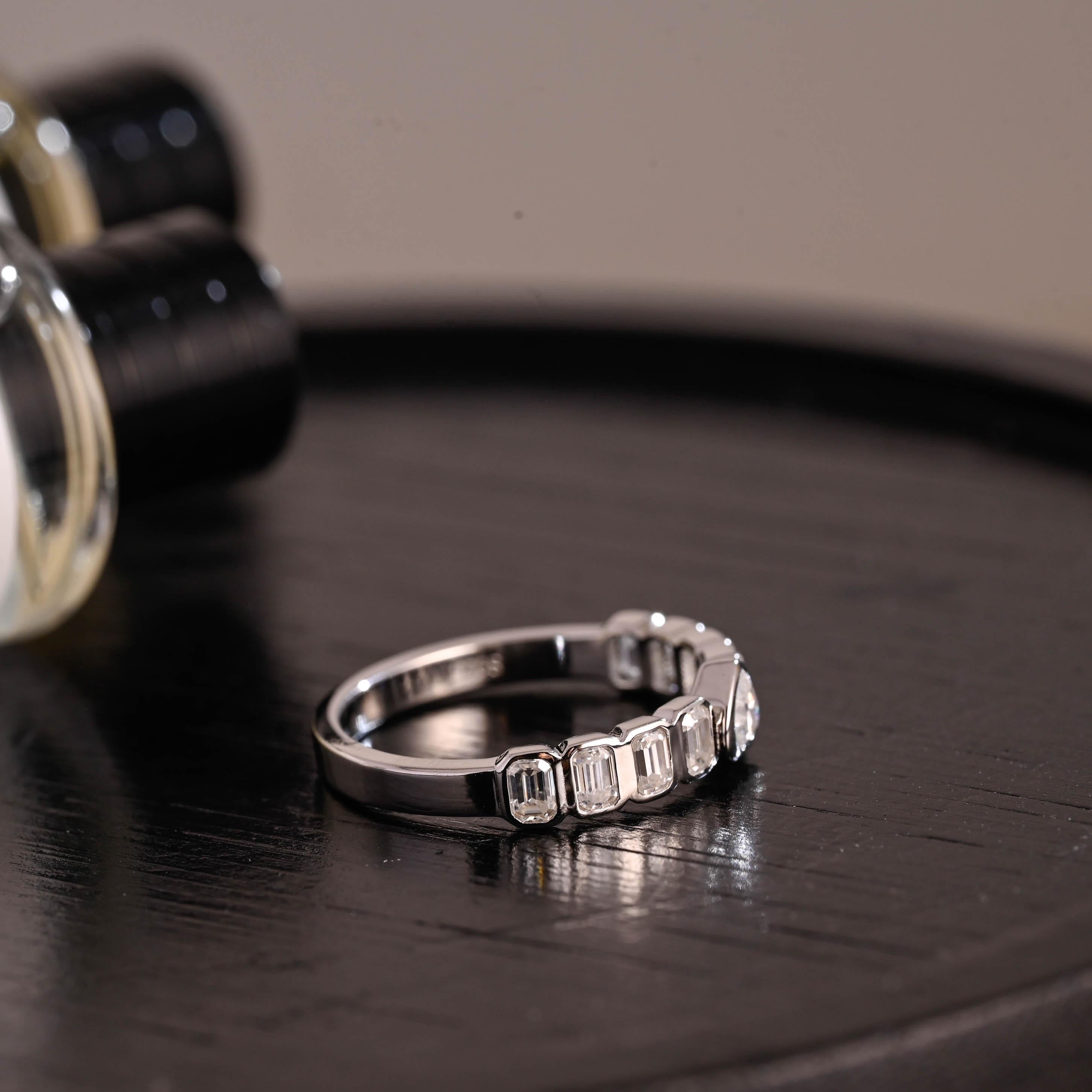 Solid Gold Heart & Emerald Cut Moissanite Wedding Band, Anniversary Gift