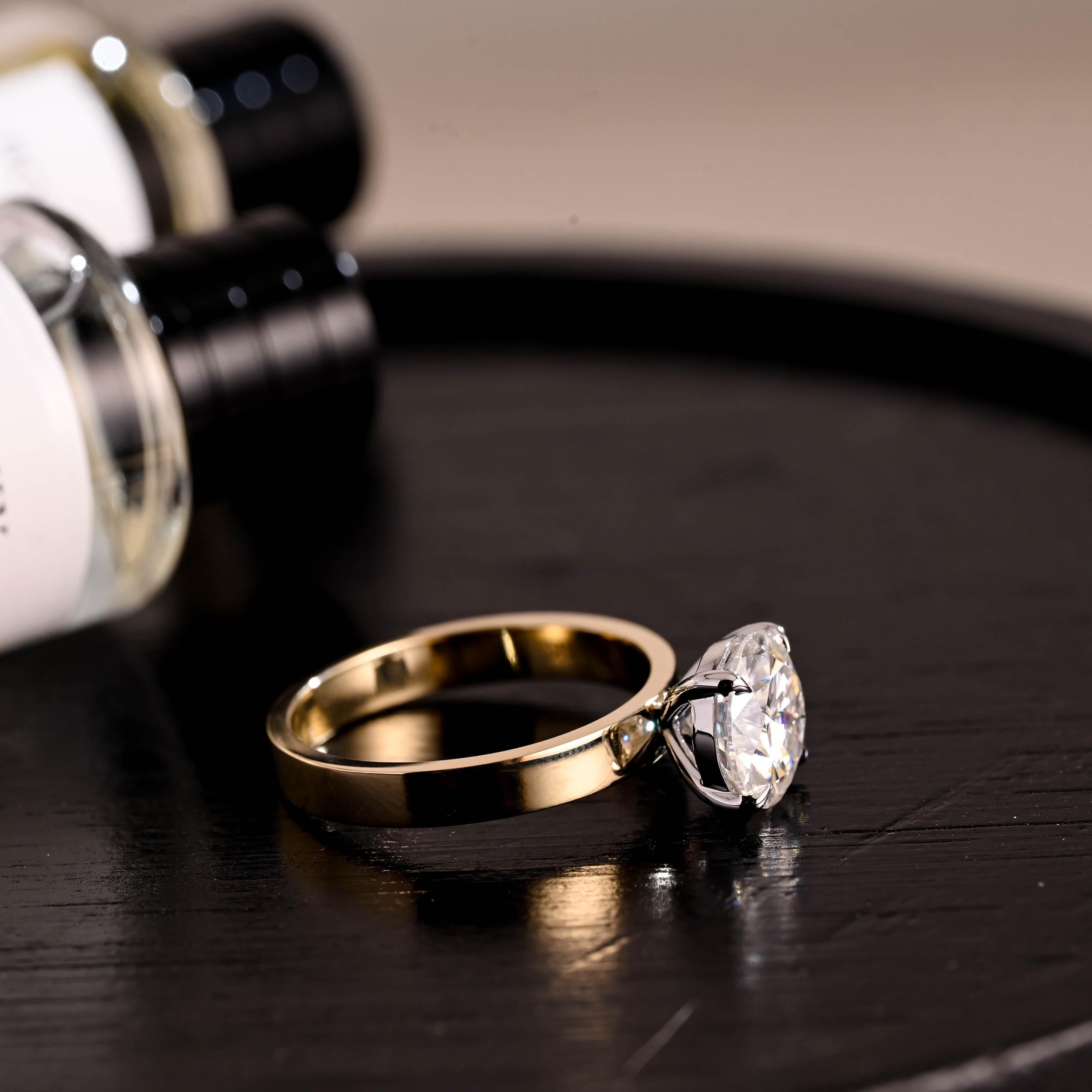 Solid Gold 3mm Width Solitaire Round Cut Moissanite Engagement Ring, Two Tone Ring