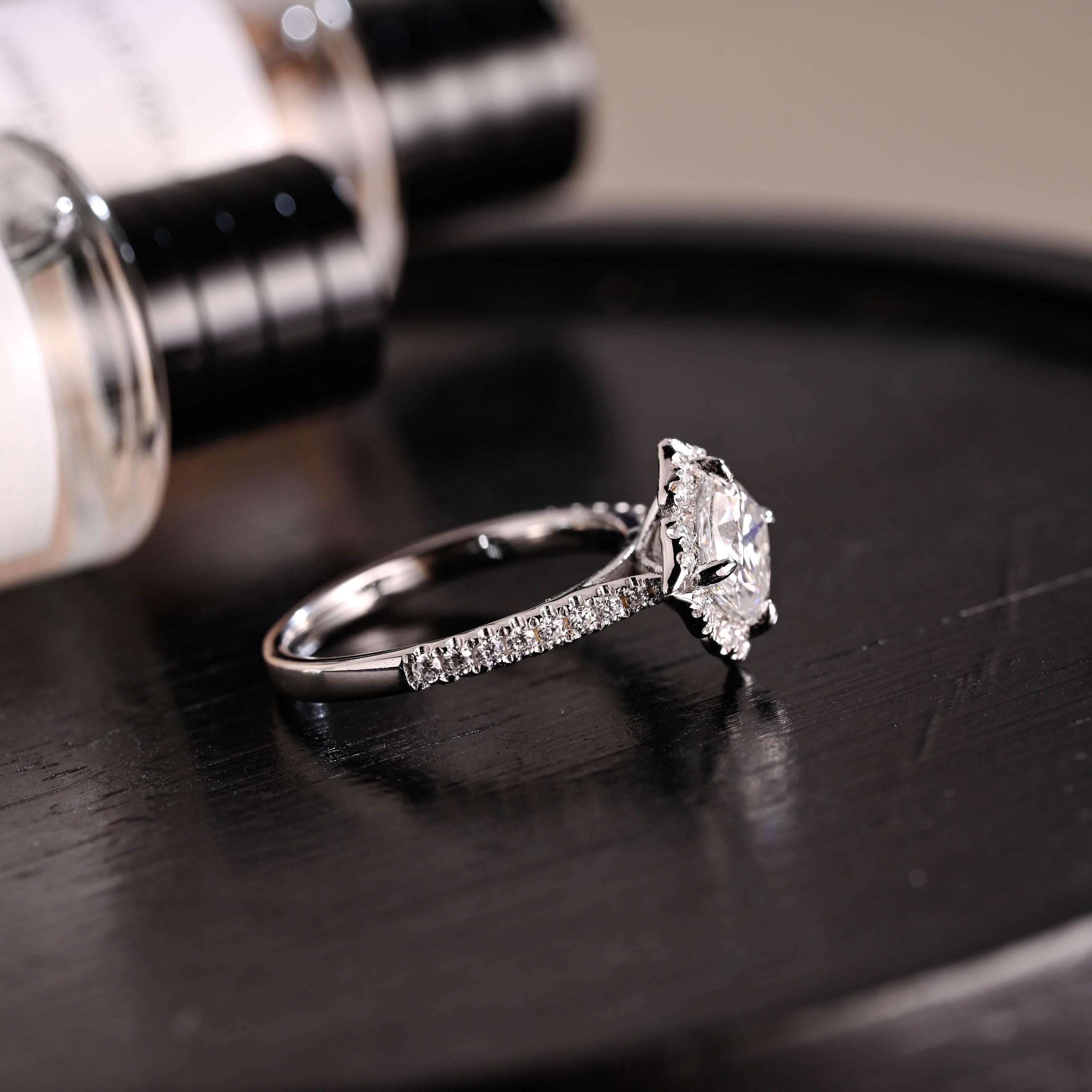 Solid Gold Cushion Cut Moissanite Engagement Ring, Halo Proposal Ring, Half Eternity Promise Ring, Wedding Ring, Anniversary Gift for Women