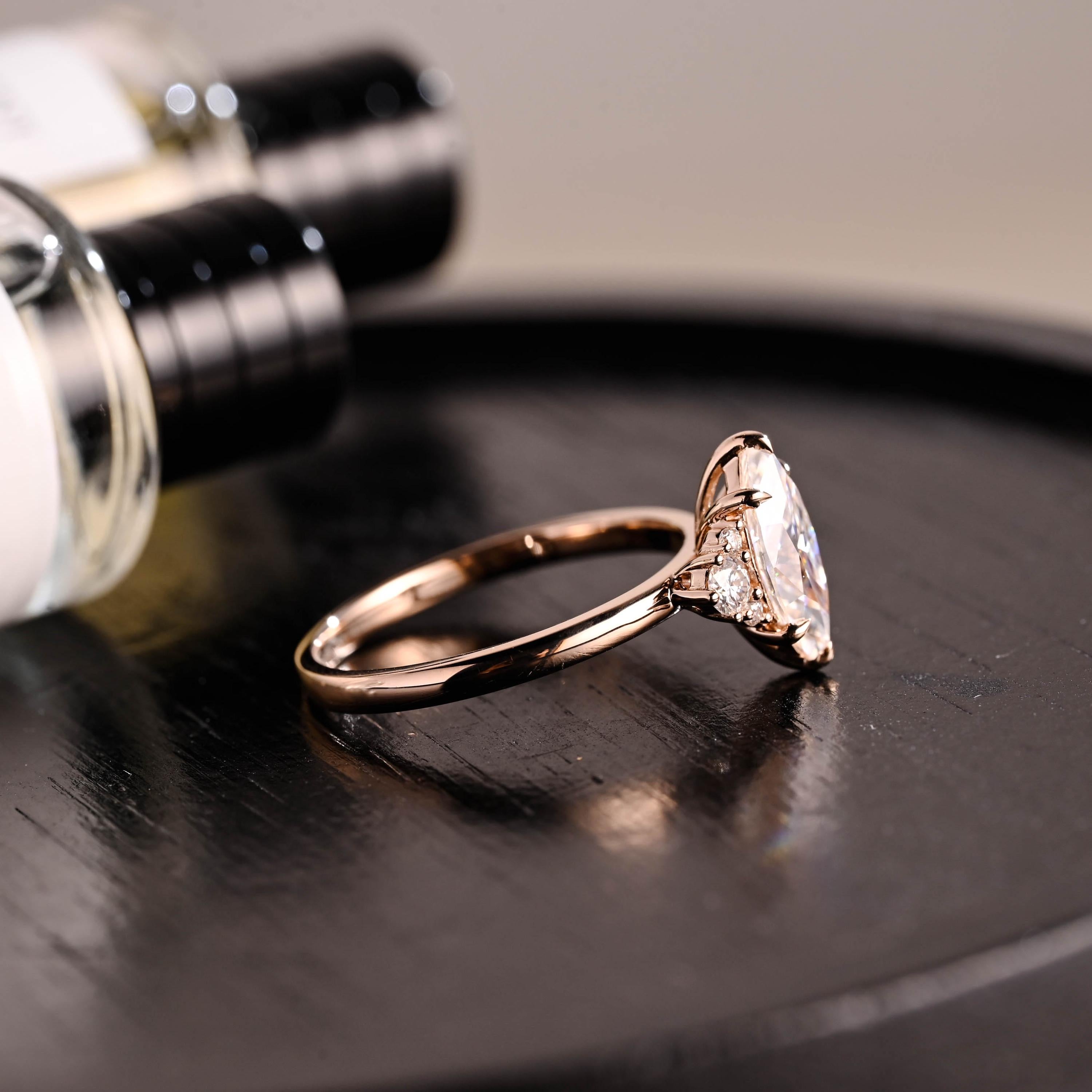 Marquise Cut Moissanite Engagement Ring, Starburst Side Cluster, Anniversary Gift