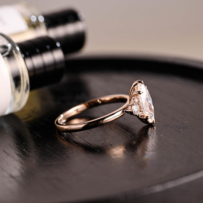 Marquise Cut Moissanite Engagement Ring, Starburst Side Cluster, Anniversary Gift