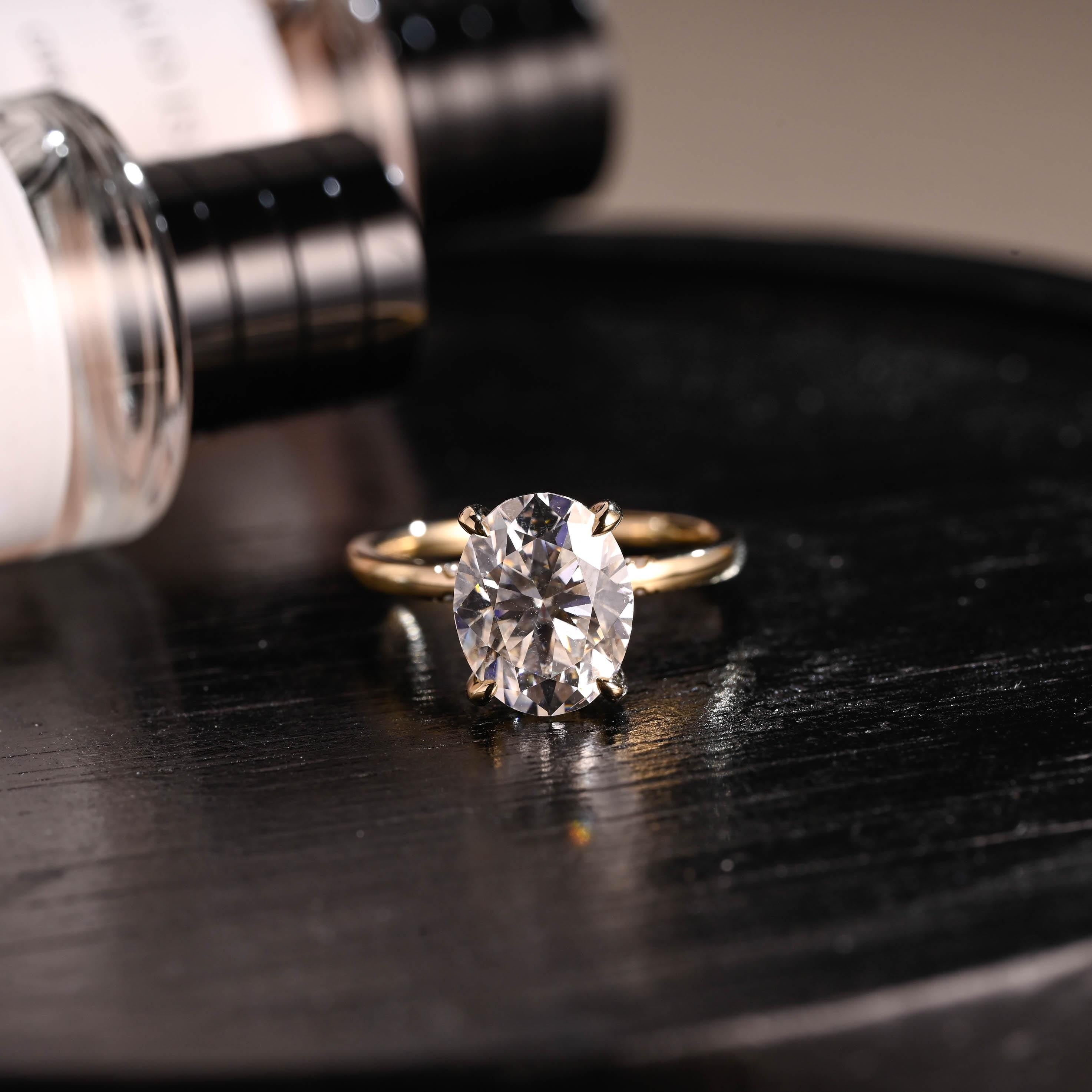 Solid Gold Hidden Halo Oval Cut Moissanite Engagement Ring, Anniversary Ring for Her