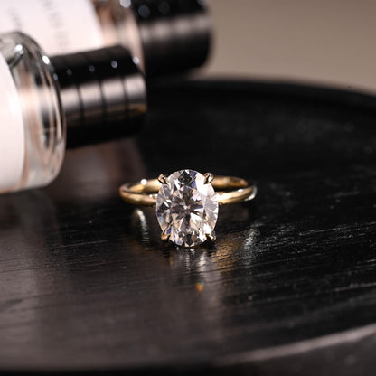 Solid Gold Hidden Halo Oval Cut Moissanite Engagement Ring, Anniversary Ring for Her