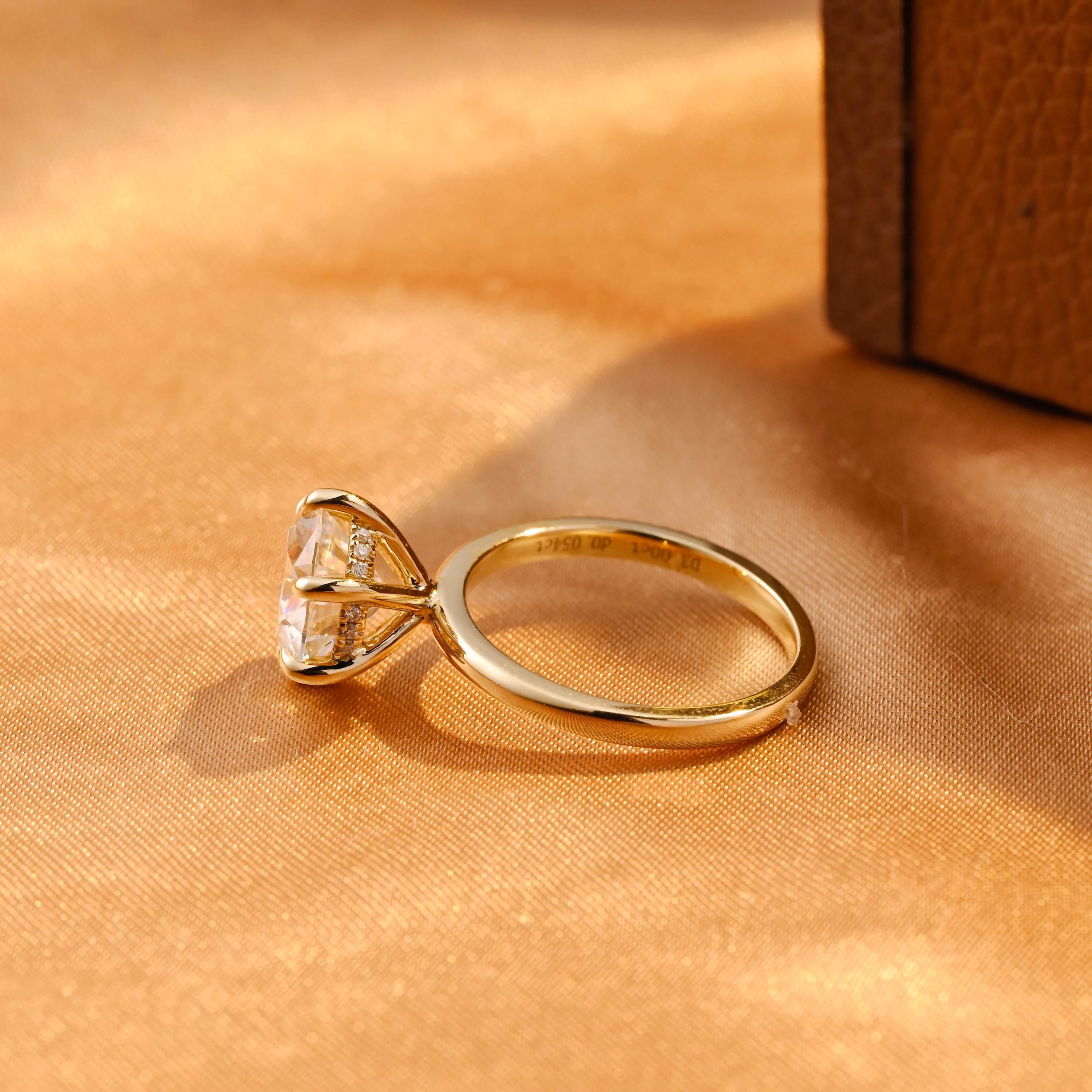 Hidden Halo Round Cut Moissanite Engagement Ring, Solid Gold Classic 6-Prong Anniversary Ring for Women