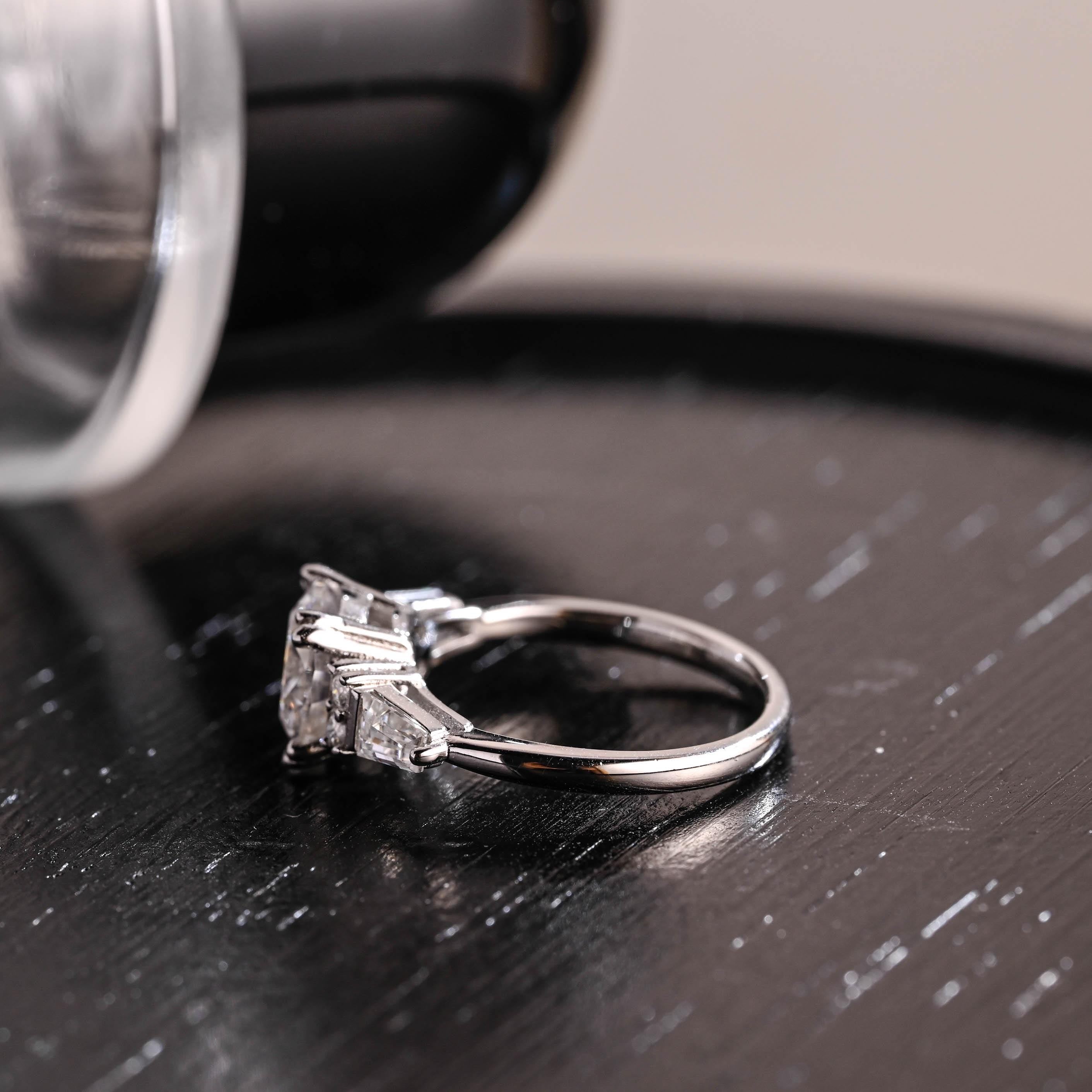 Three Stone Round Cut Moissanite Engagement Ring, Trapezoid Accents Round Cut Double Prongs Wedding Ring