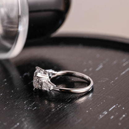 Three Stone Round Cut Moissanite Engagement Ring, Trapezoid Accents Round Cut Double Prongs Wedding Ring