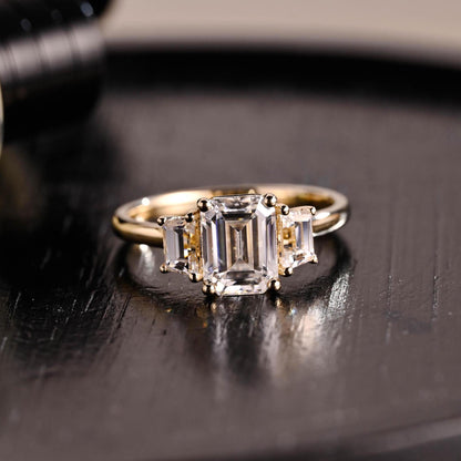 Solid Gold Three Stone Emerald Cut Moissanite Engagement Ring, Anniversary Ring, Moissanite Rings