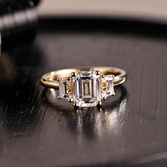 Solid Gold Three Stone Emerald Cut Moissanite Engagement Ring, Anniversary Ring, Moissanite Rings