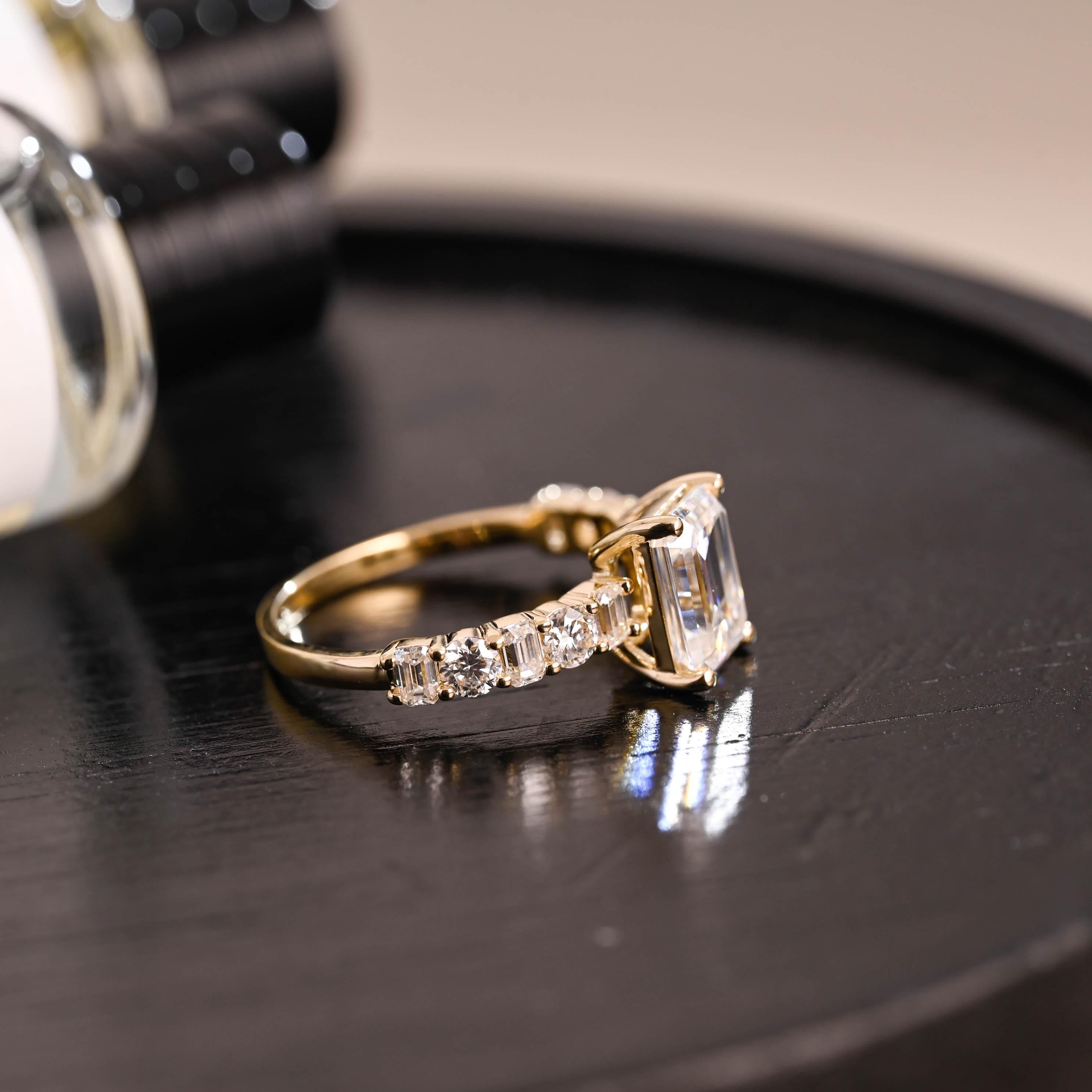 Solid Gold Emerald Cut Moissanite Engagement Ring, Low Setting Emerald Cut Wedding Ring, Side Pave Anniversary Ring, Moissanite Promise Ring