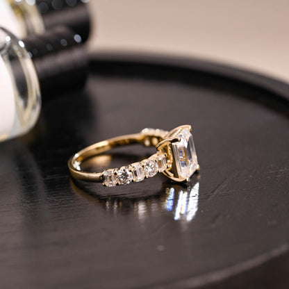 Solid Gold Emerald Cut Moissanite Engagement Ring, Low Setting Emerald Cut Wedding Ring, Side Pave Anniversary Ring, Moissanite Promise Ring