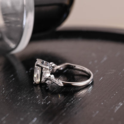 Solid Gold Side Cluster Emerald Cut Moissanite Engagement Ring, Anniversary Ring, Moissanite Leaf Ring