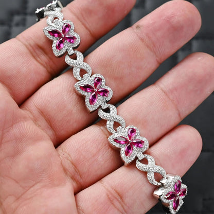 Butterfly Bracelet Infinity Link Pink Sapphire & 4.10CTW Round Moissanites VVS D Color | 12mm Men Women Bracelet | Iced Out Hiphop Bracelet