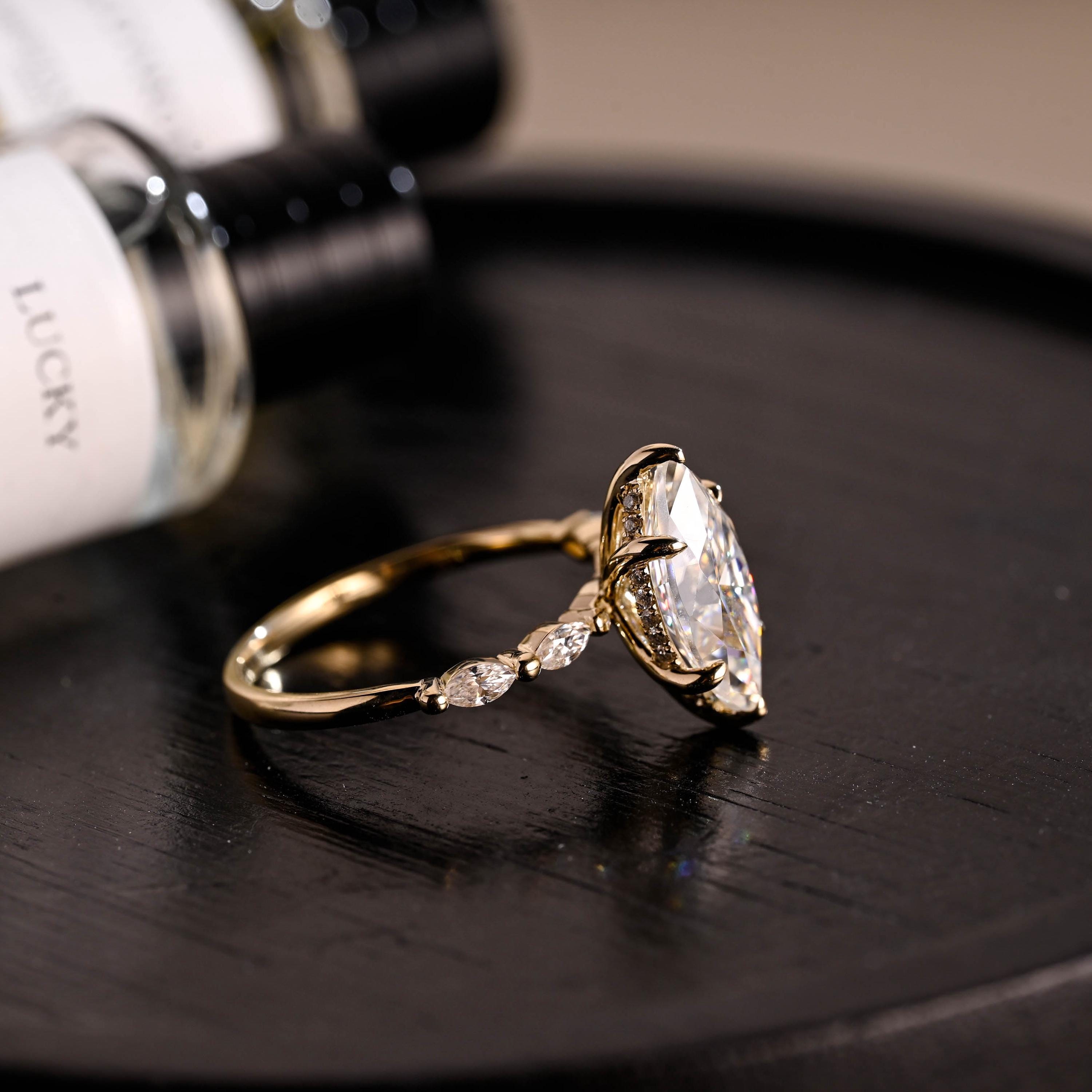 Solid Gold Side Stone Marquise Cut Moissanite Engagement Ring, Hidden Halo Moissanite Wedding Ring