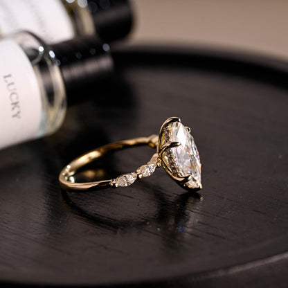 Solid Gold Side Stone Marquise Cut Moissanite Engagement Ring, Hidden Halo Moissanite Wedding Ring