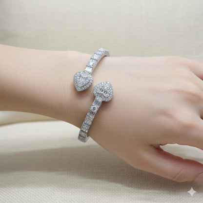 Iced Out Moissanite Heart Bangle Bracelet: 925 Sterling Silver