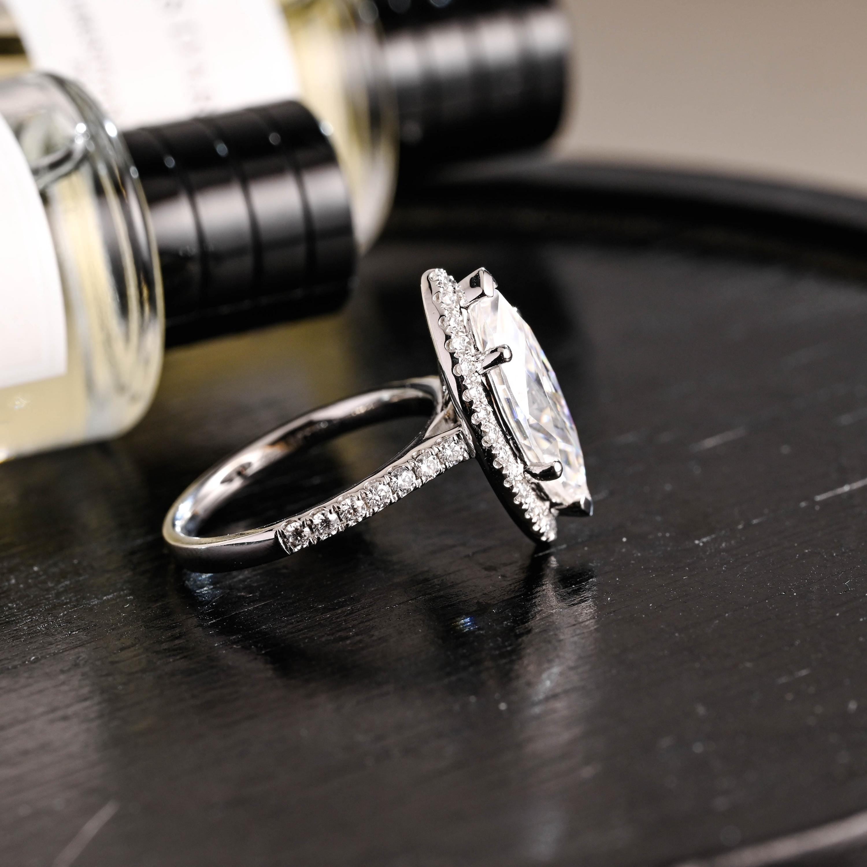 Solid Gold Halo Marquise Moissanite Engagement Ring, Round Cut Accent Stones