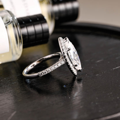 Solid Gold Halo Marquise Moissanite Engagement Ring, Round Cut Accent Stones
