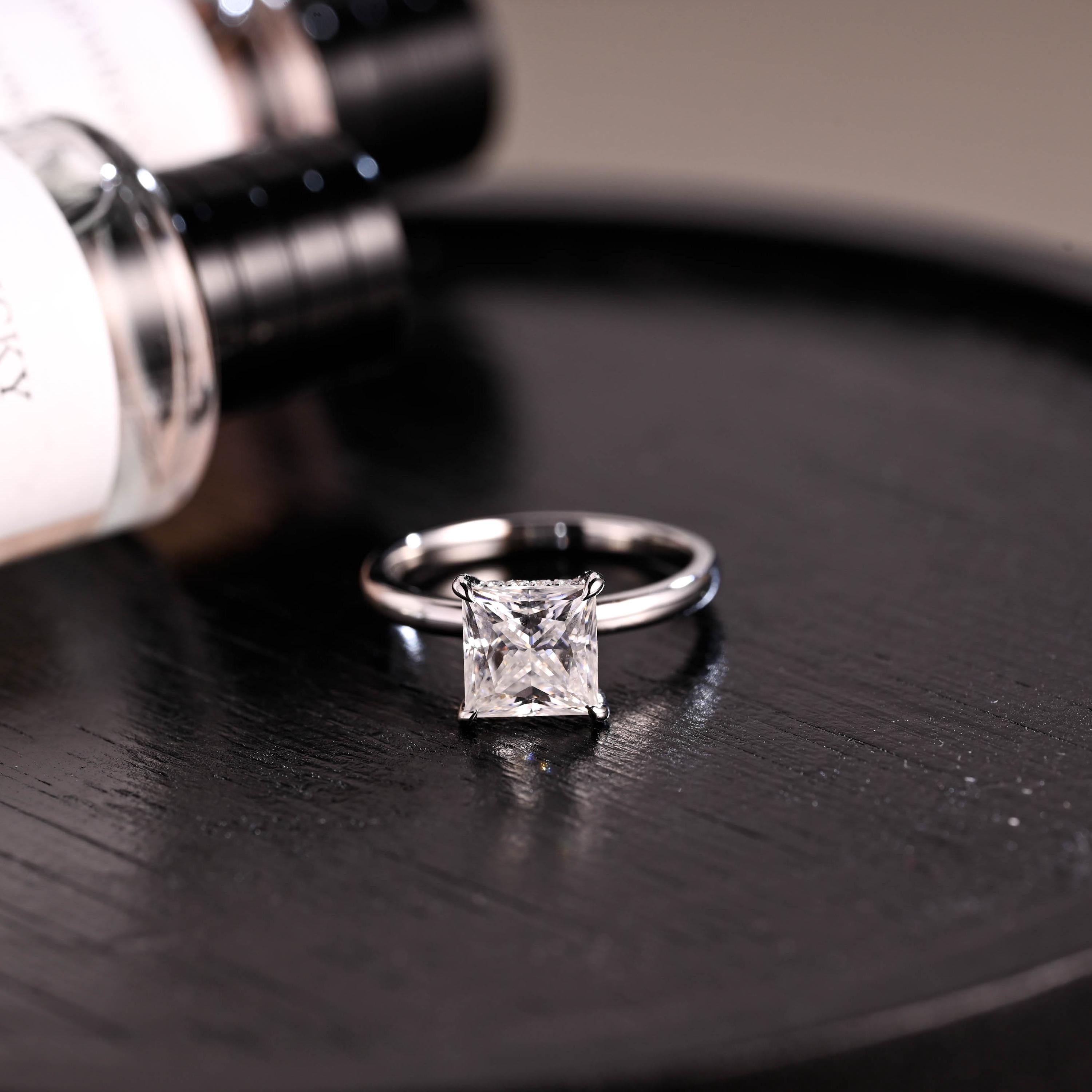 Solid Gold Princess Cut Moissanite Engagement Ring, 4 Prongs Pave Hidden Halo Wedding Ring