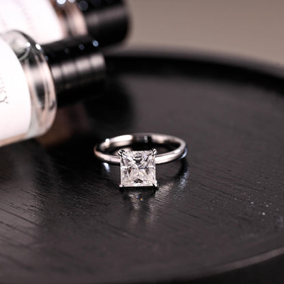 Solid Gold Princess Cut Moissanite Engagement Ring, 4 Prongs Pave Hidden Halo Wedding Ring