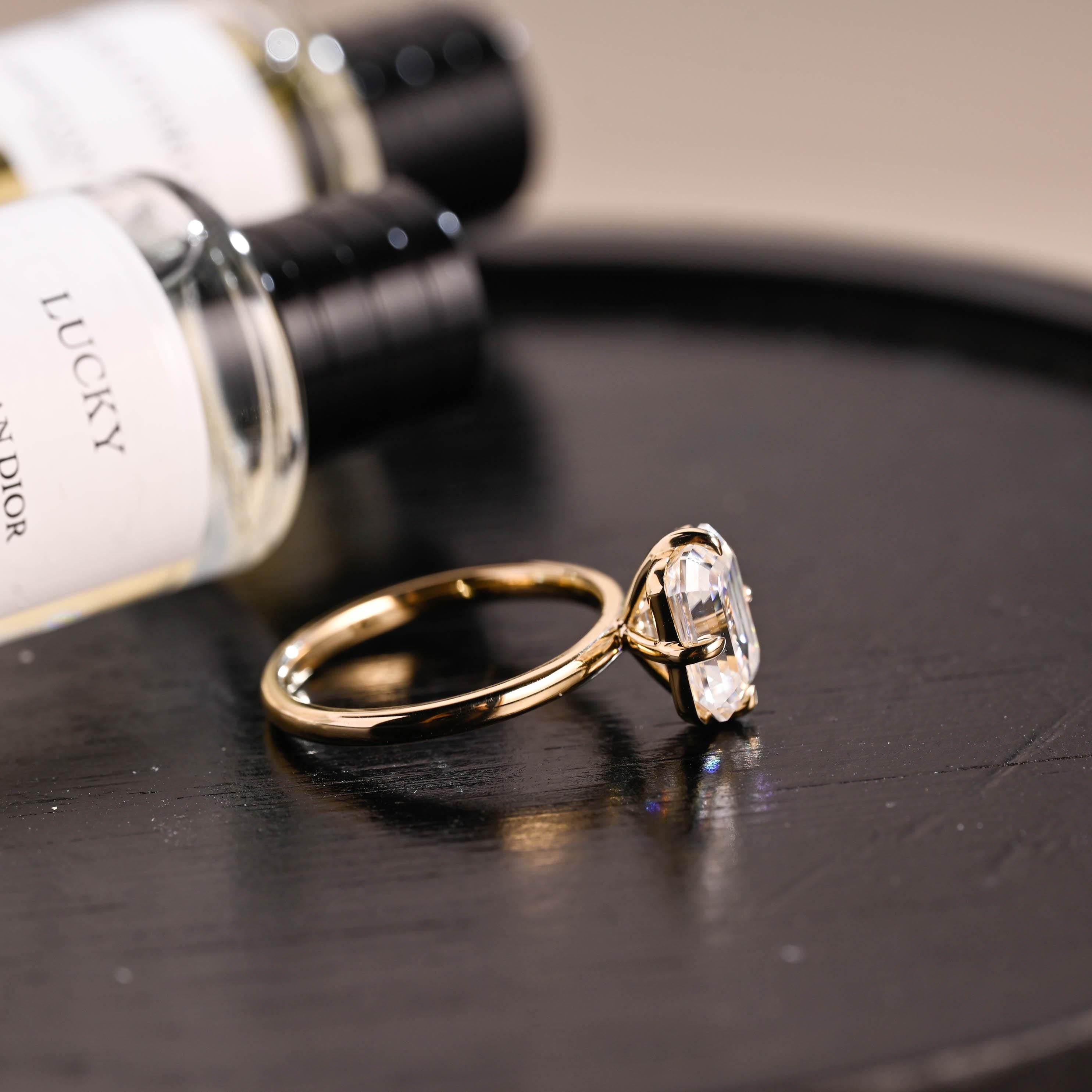 Solid Gold Compass Set Solitaire Emerald Cut Moissanite Engagement Ring, Anniversary Ring