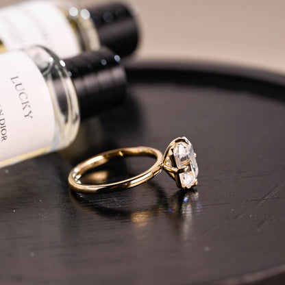 Solid Gold Compass Set Solitaire Emerald Cut Moissanite Engagement Ring, Anniversary Ring