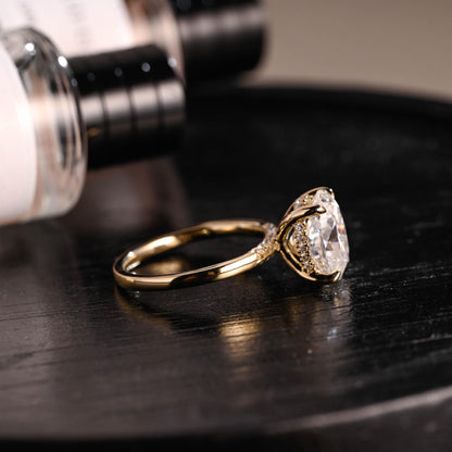 Solid Gold Hidden Halo Oval Cut Moissanite Engagement Ring, Anniversary Ring for Her