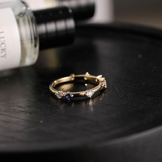 Solid Gold Moissanite Wedding Band, Pink Blue Orange Ring